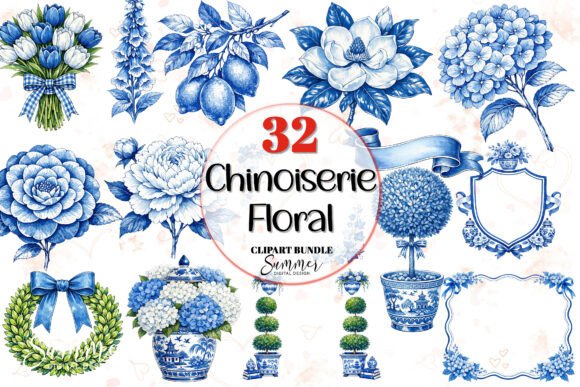 Chinoiserie Floral Clipart Bundle PNG: Elevate Your Designs with Timeless Elegance