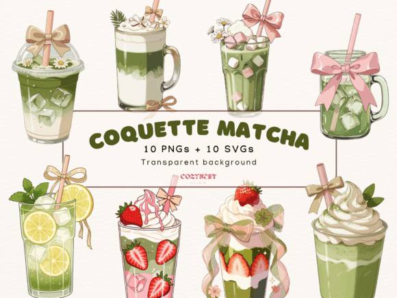 Coquette Matcha Clipart & Cute Pastel Bow Aesthetics