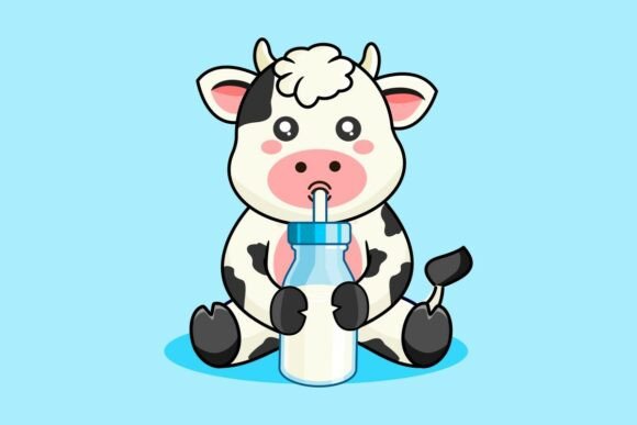 Cute Baby Cow Drinking Milk Vector Art