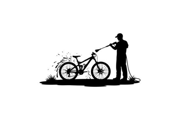 Man Washing Dirt Bike Outdoors with Pres: A Versatile Silhouette for Creative Projects
