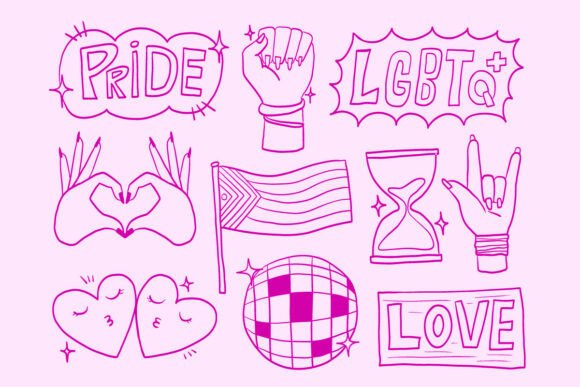 Pink Pride Month LGBT Outline Doodle Set